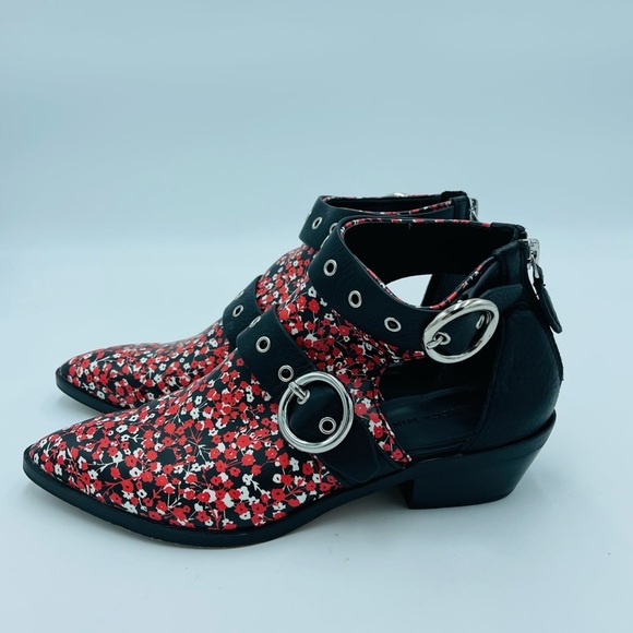 Rebecca Minkoff Kianna Cut Out Red Floral Double Buckle Ankle Boots - Picture 4 of 9